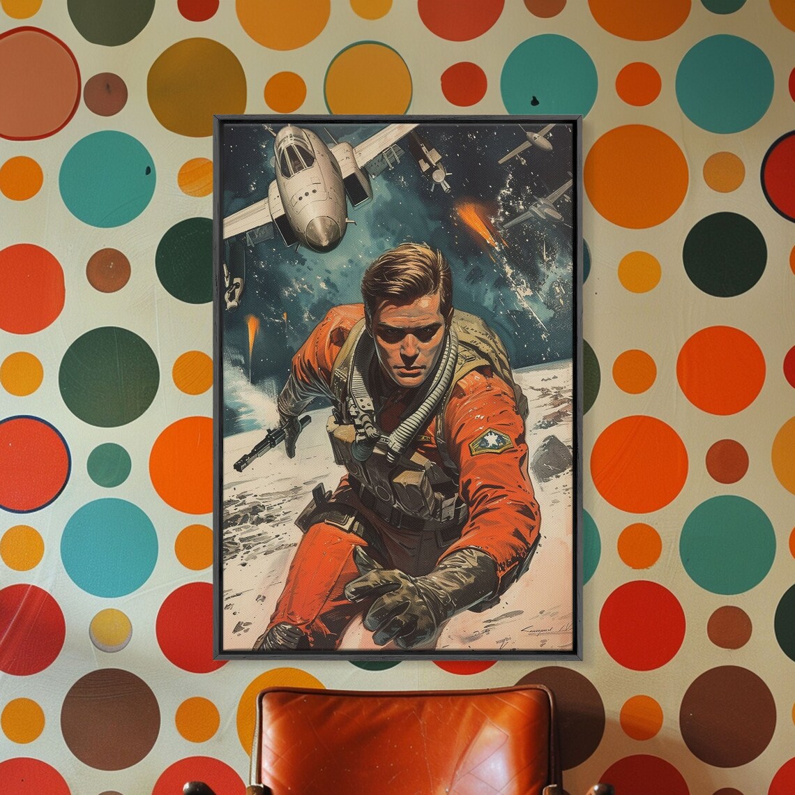 Retro Comic Space Pilot Poster Soldier Reaching Out with Jet Above - Image 4