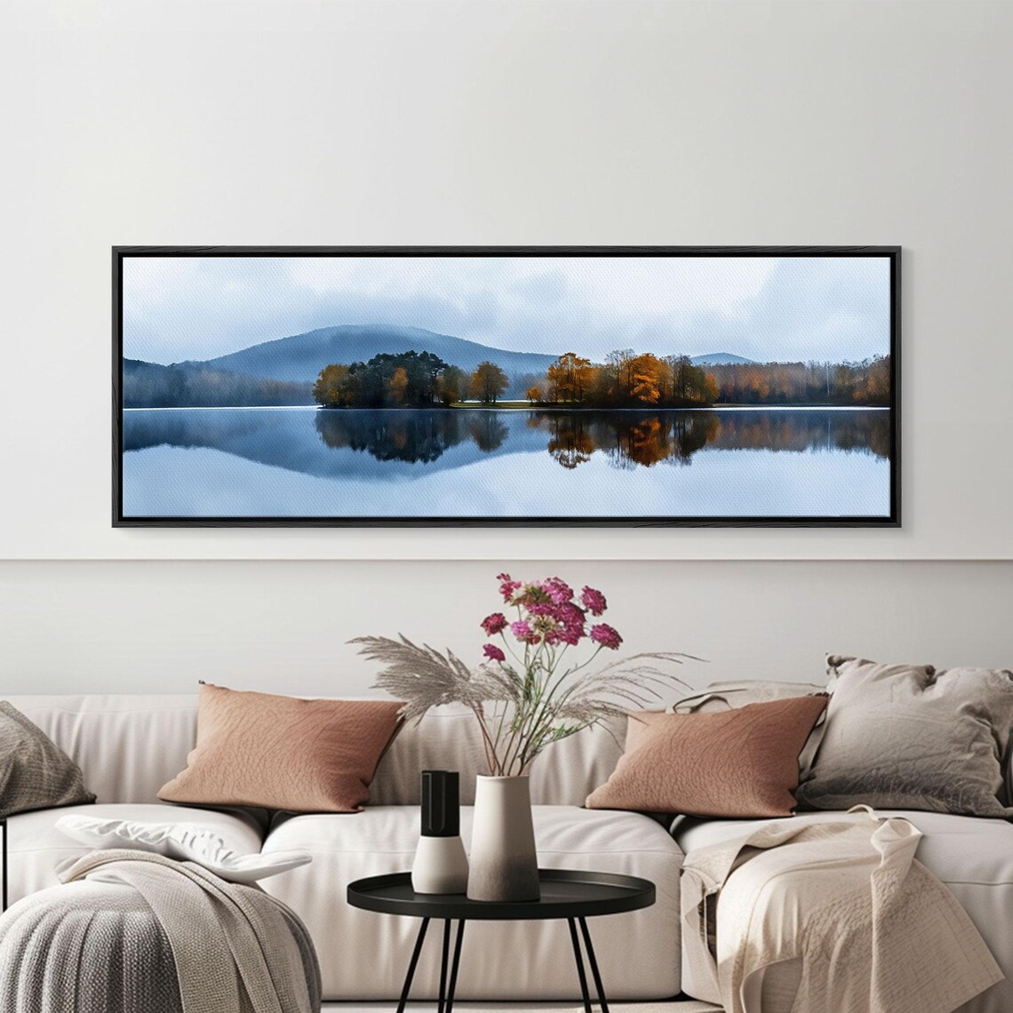 Calm Lake Mirror Reflection Misty Mountains Overcast Day Wall Art - Image 6