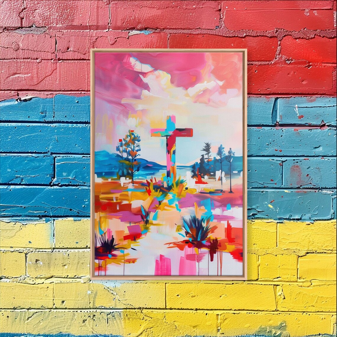 Colorful Cross Abstract Landscape Pink Blue Modern Faith Wall Art - Image 2