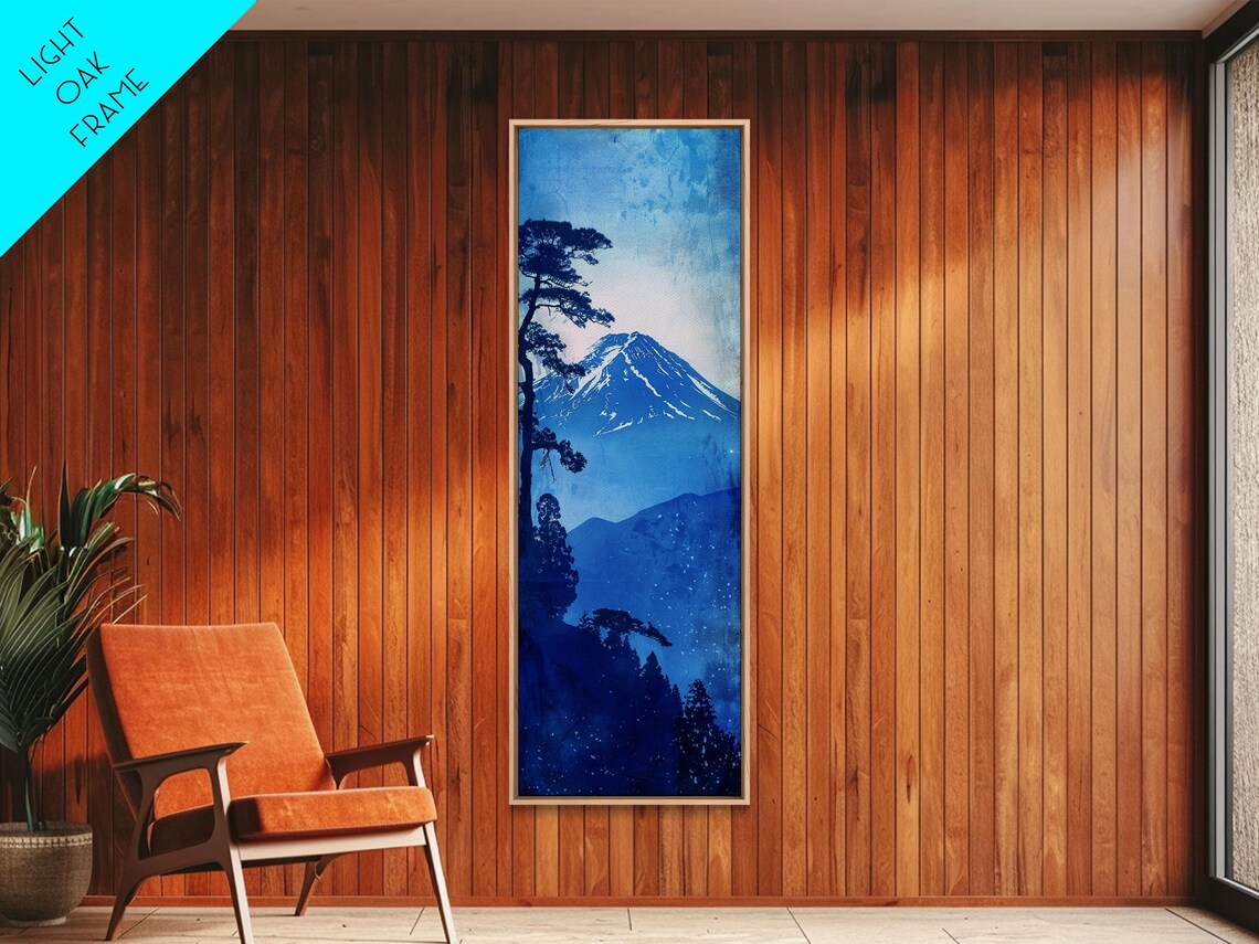 Mount Fuji In Blue Monochrome With Pine Trees Watercolor Travel Poster - Image 4