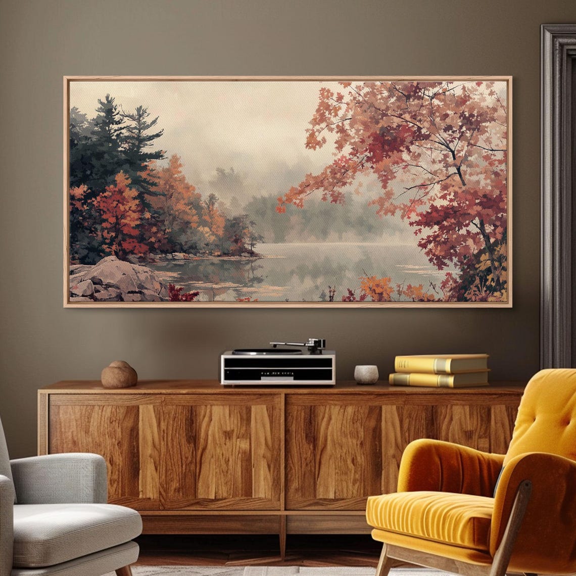 Misty Autumn Lake Framed By Red Maples And Pine Trees Poster - Image 2