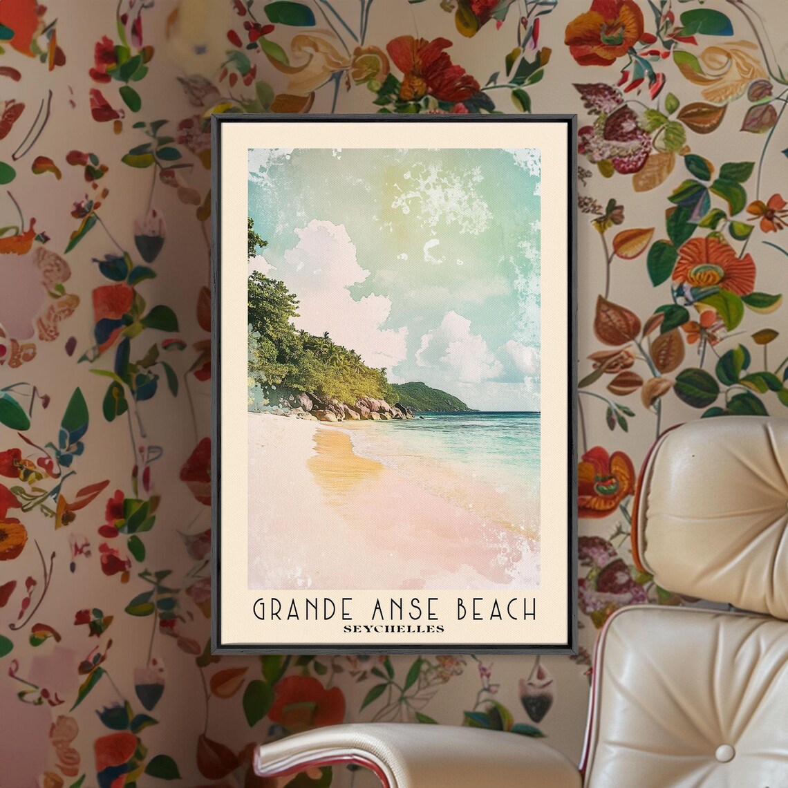 Grande Anse Beach Seychelles Pink Sand Granite Boulders Watercolor Poster - Image 2