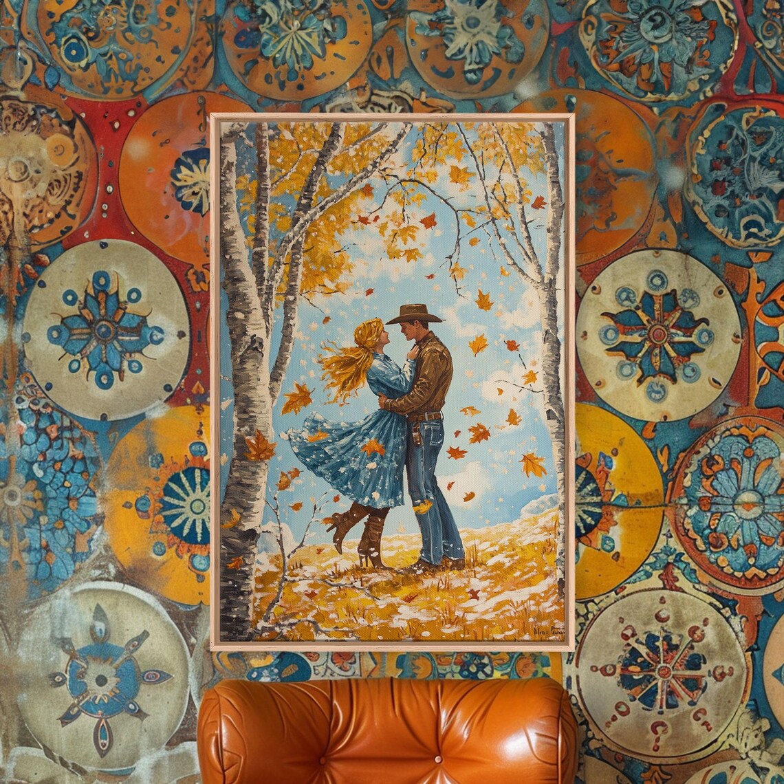 Cowboy Couple Embracing Autumn Birch Trees Falling Leaves Poster