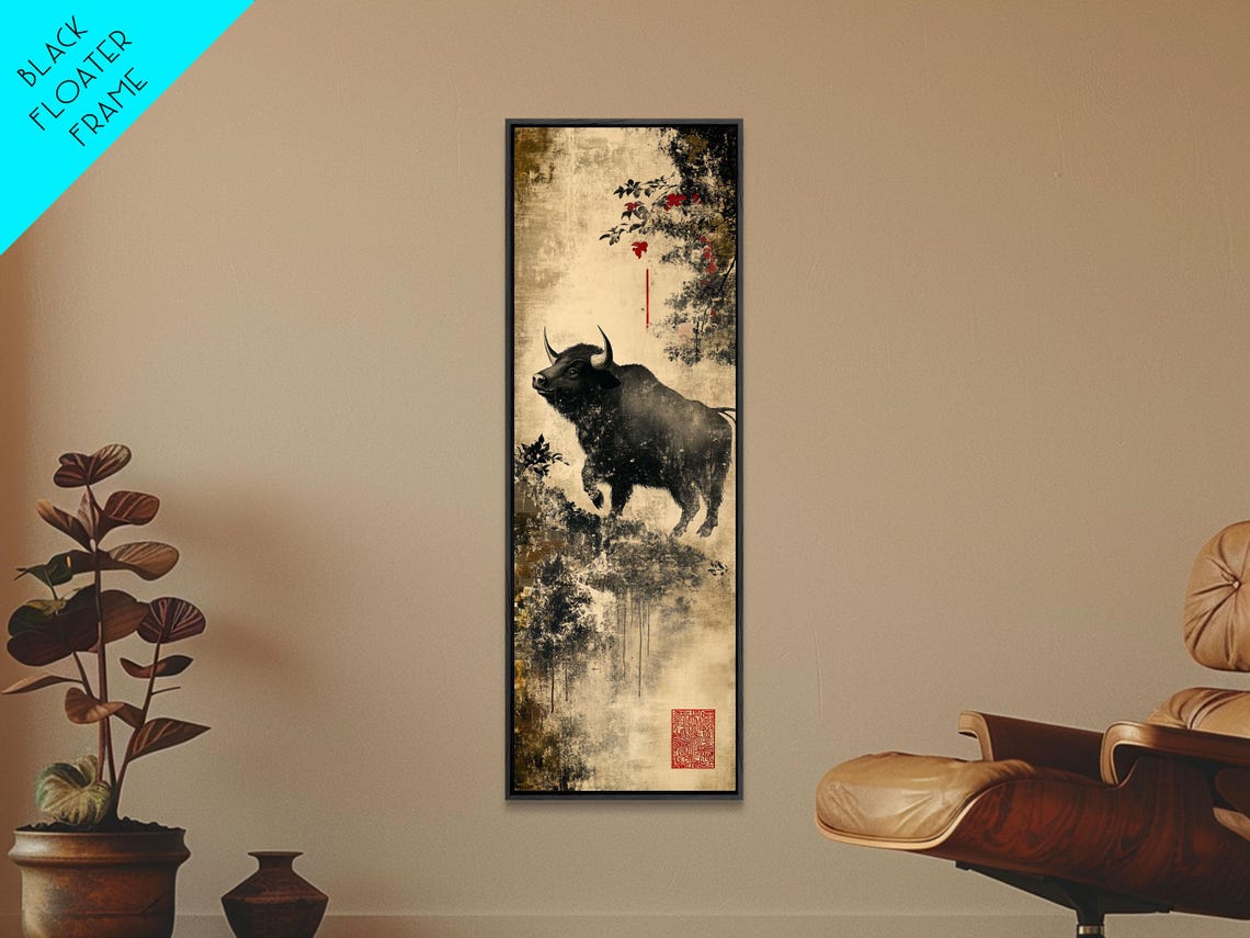 Black Buffalo Ink Painting Asian Inspired Wildlife Rustic Poster - Image 2