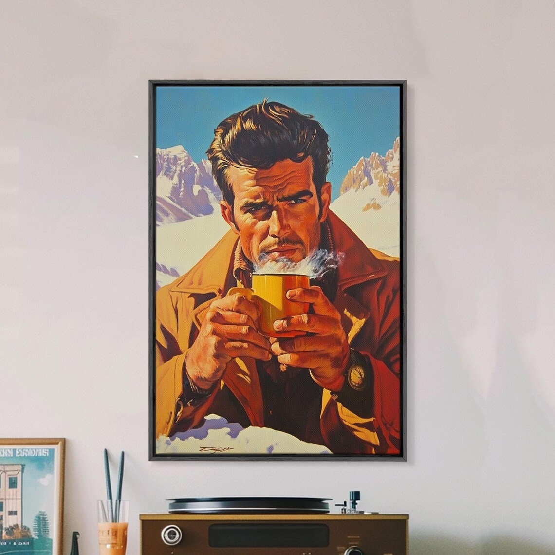 Rugged Man Drinking Hot Coffee Snowy Mountain Morning Art Poster