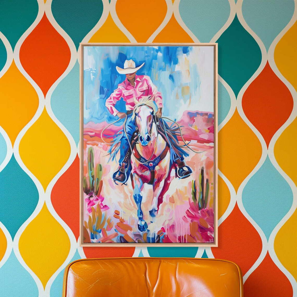 Vibrant Cowboy Riding White Horse Galloping Desert Art Poster - Image 3