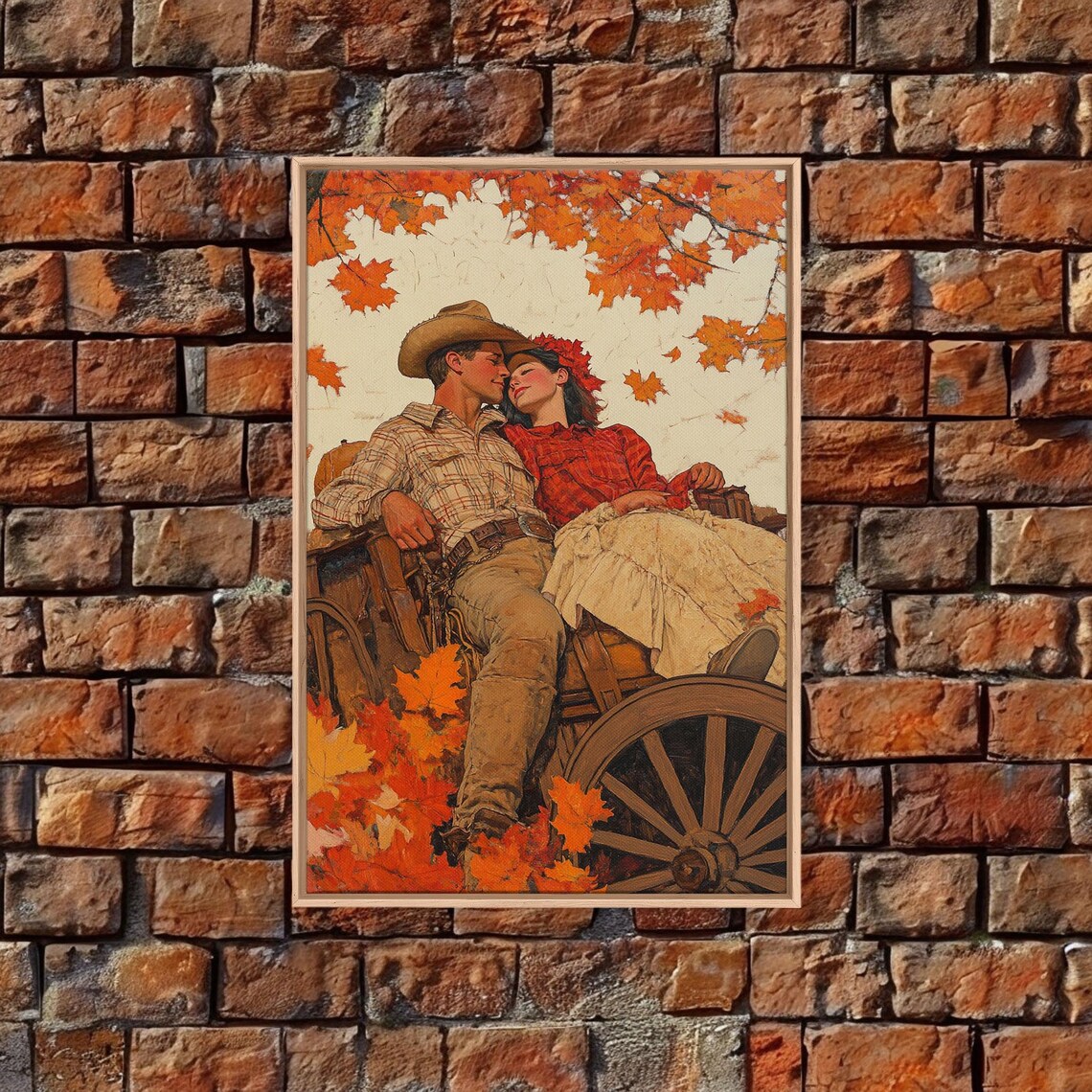 Cowboy Couple Kissing In Wooden Wagon Autumn Maple Leaves Art Poster - Image 3
