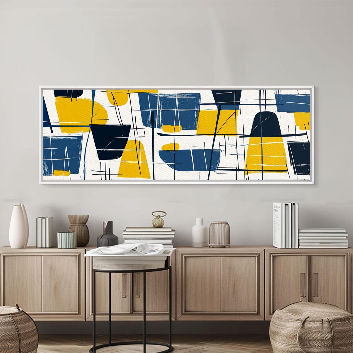 Mid Century Modern Abstract Navy Yellow Geometric Panoramic Print - Image 6