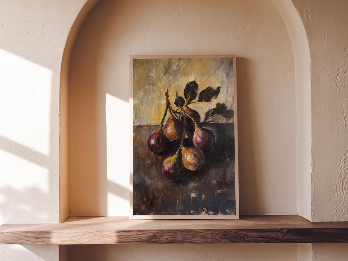 Moody Fig Still Life Vintage Oil Painting Dark Kitchen Wall Art Print - Image 2