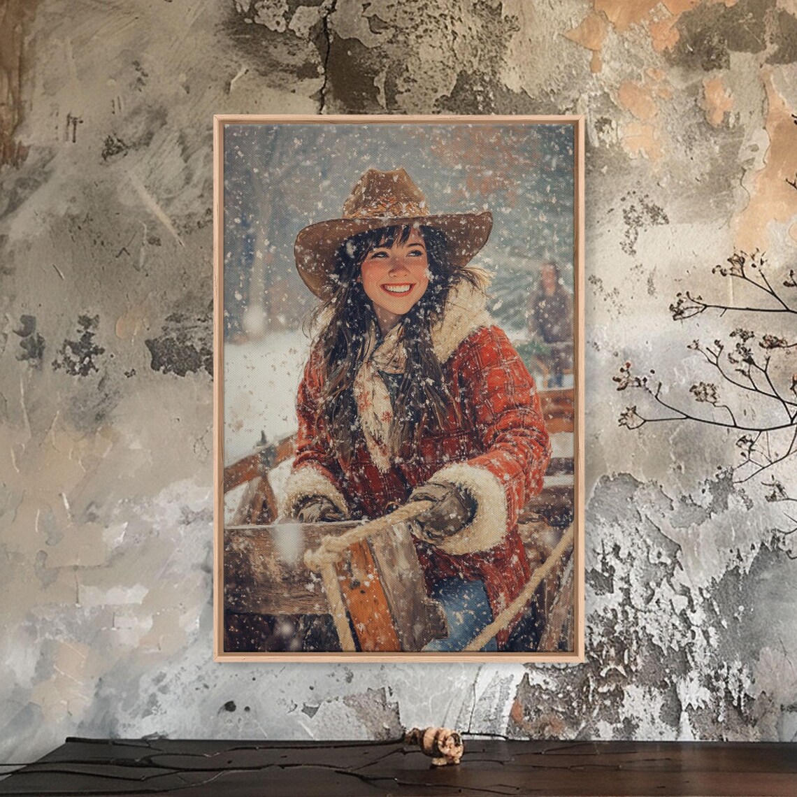 Cheerful Cowgirl Pulling Sled Snowfall Winter Vintage Holiday Wall Art - Image 2