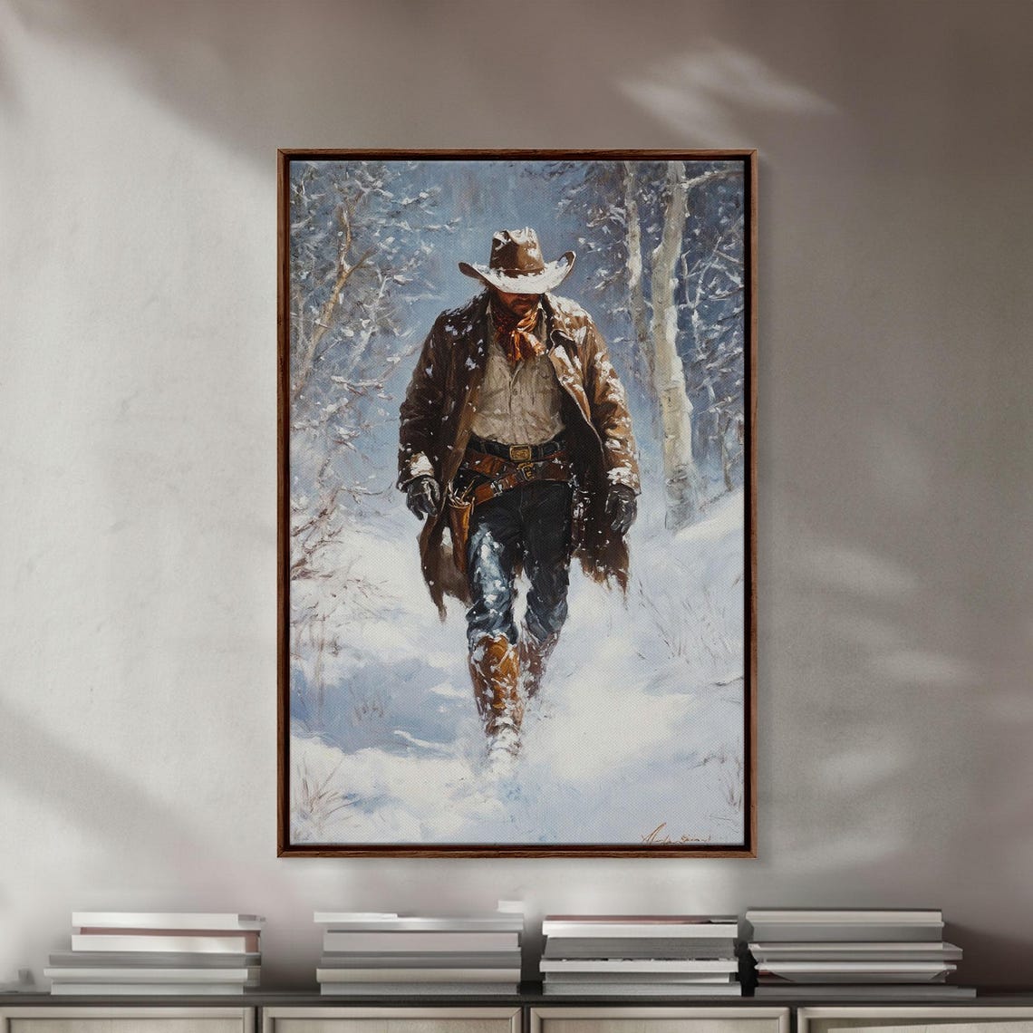 Lone Cowboy Walking Snowy Birch Forest Duster Coat Winter Poster