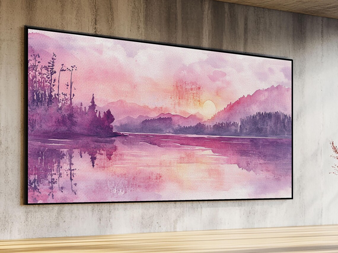 Pink Sunset Lake Landscape Watercolor Mountain Reflections Calm Art Poster