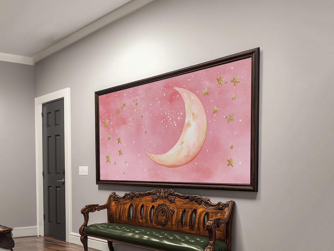 Golden Crescent Moon And Stars On Pink Watercolor Celestial Sky Poster - Image 4
