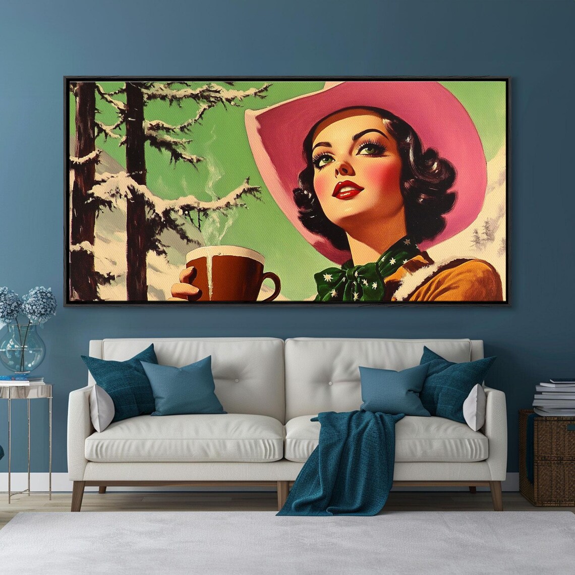 Retro 1950s Pinup Cowgirl With Cocoa Mug Snowy Pines Vintage Poster
