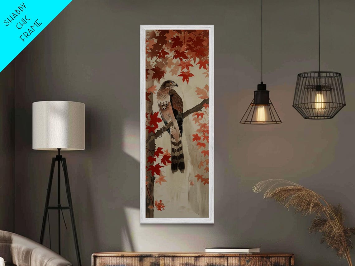Hawk Perched Among Red Autumn Leaves Japanese Woodblock Style Poster - Image 3