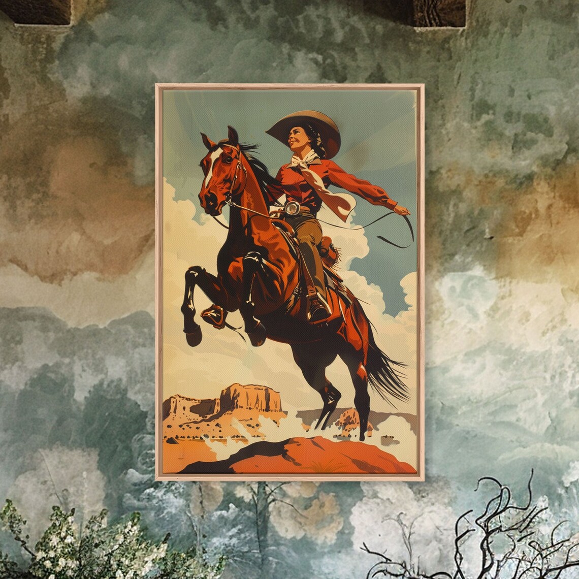 Vintage Cowgirl Riding Rearing Horse Desert Mesa Ranch Poster - Image 5
