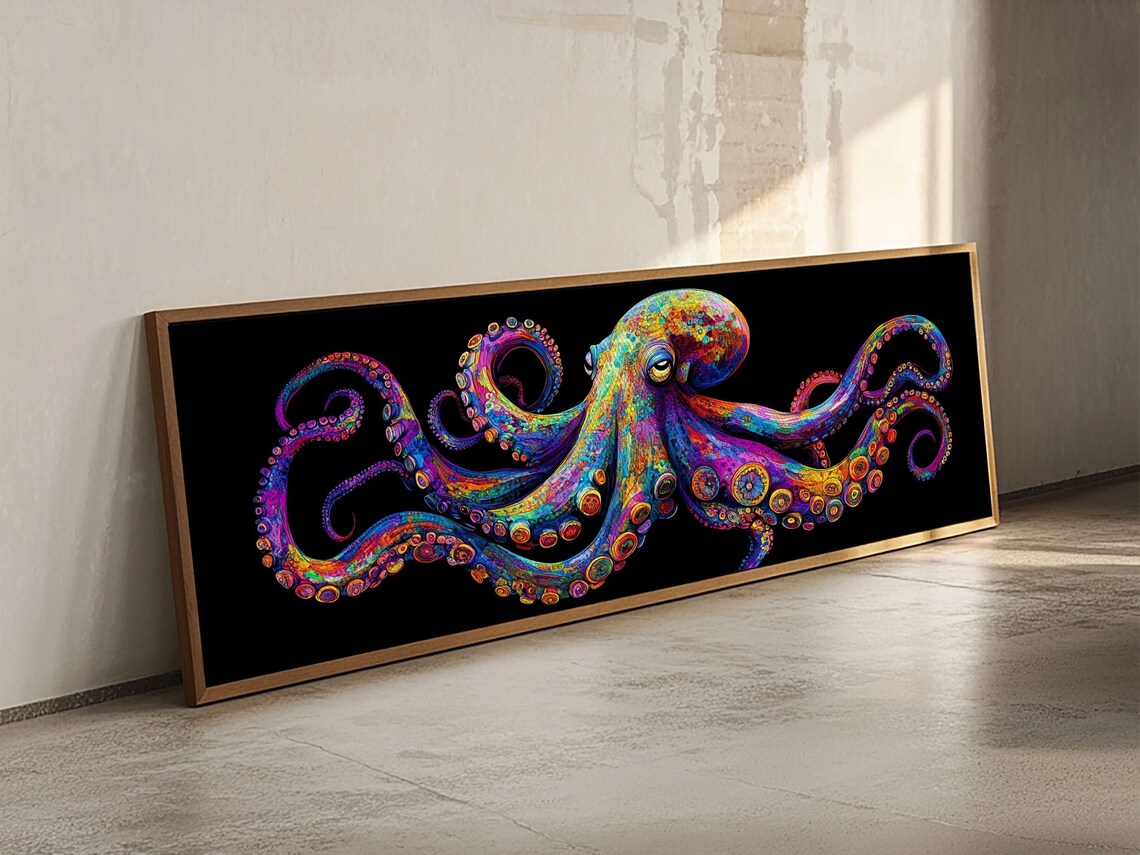 Vibrant Octopus Art Print Coastal Decor Nautical Wall Art Gift Idea Underwater Ocean Life Abstract Extra Wide Horizontal - Image 3