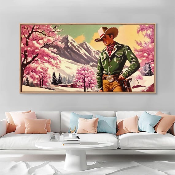 Retro Framed Print Of A Cowboy In The Snow 1950s Style Vintage Art Holiday Wall Art Gift Ideas Any Space