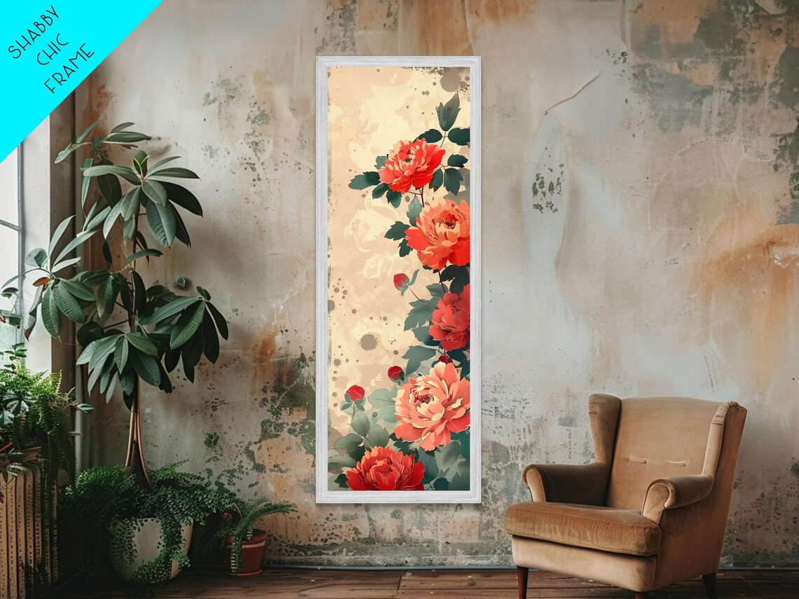 Vibrant Red Peonies Beige Background Tall Japanese Floral Art Poster - Image 6