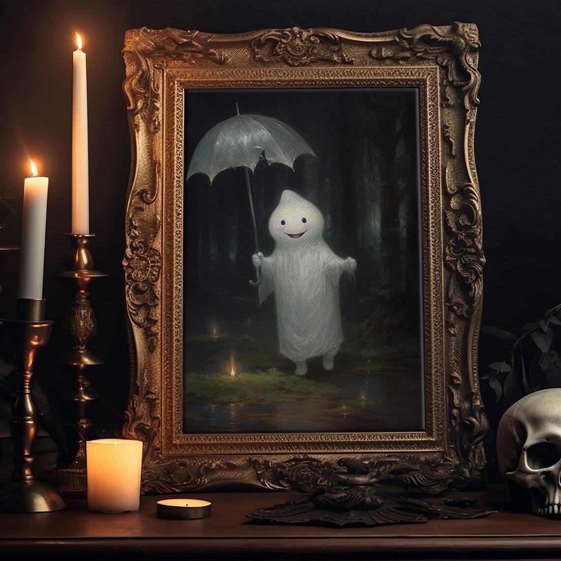 Cute Smiling Ghost With Umbrella Rainy Night Forest Halloween Goth Wall Art Poster - Image 5