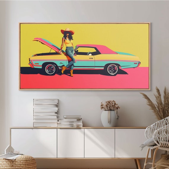 Colorful Pop Art Cowgirl With Classic Car Framed Print For Living Room Bright Bedroom Wall Art Unique Home Decor