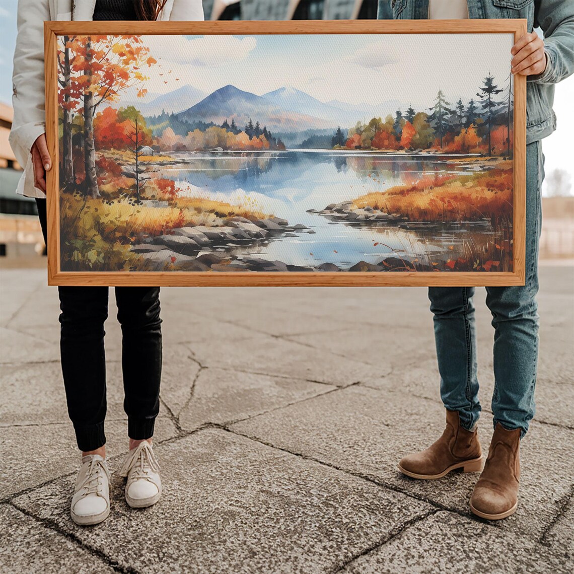 Autumn Lake Mountains Fall Colors Watercolor Landscape Wall Art - Image 5