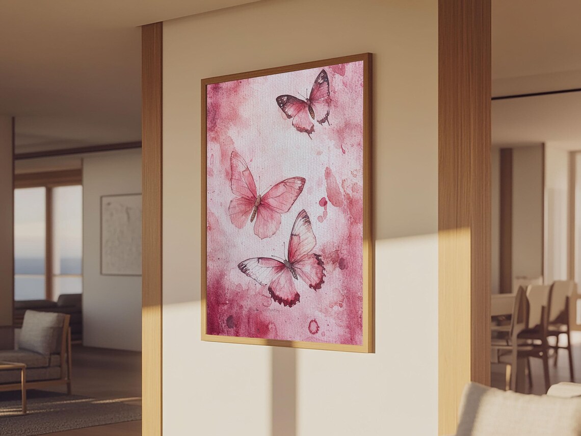 Pink Butterfly Watercolor Trio Botanical Blush Floral Wall Art Poster