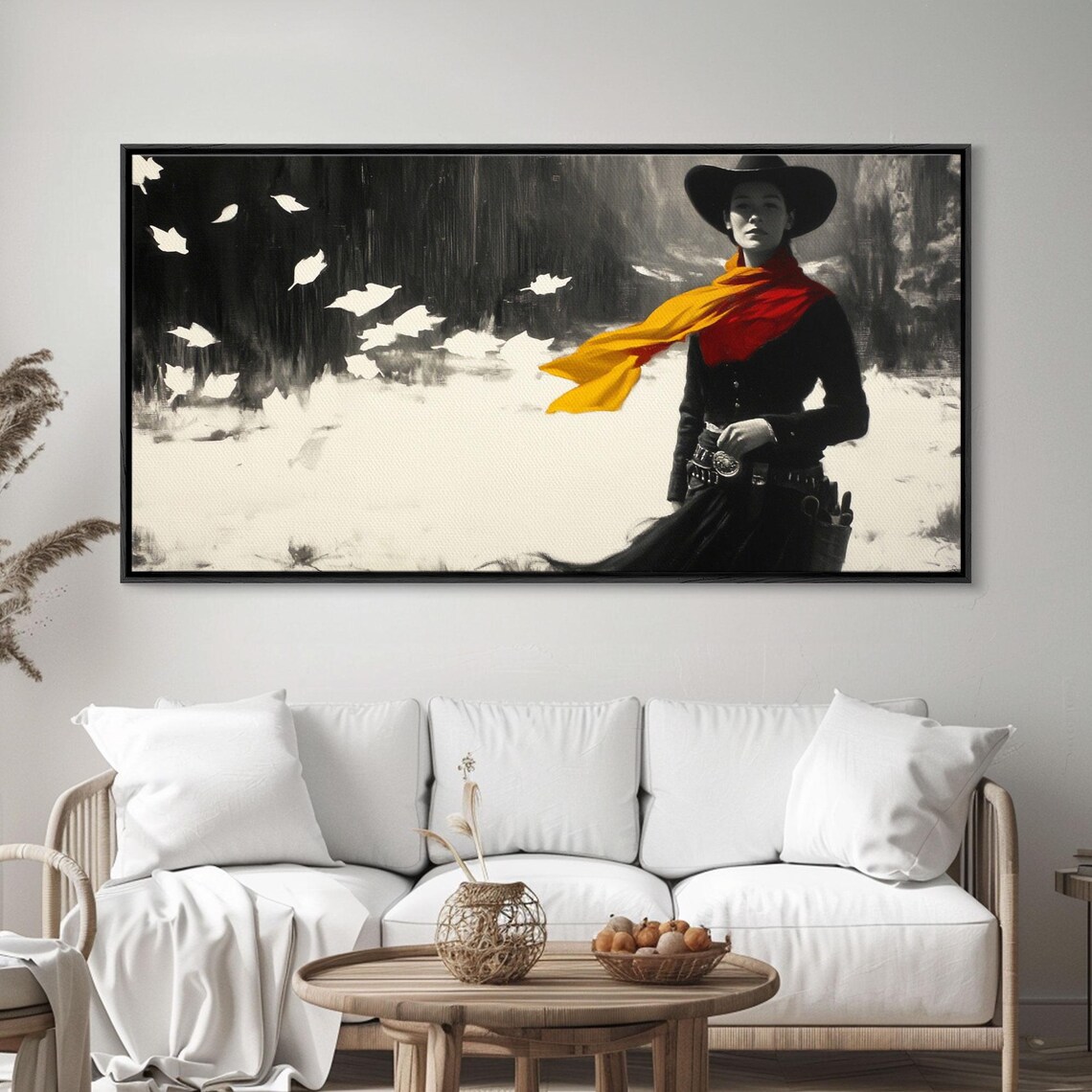 Black And White Cowgirl With A Red Scarf In The Snow Art Print - Image 3