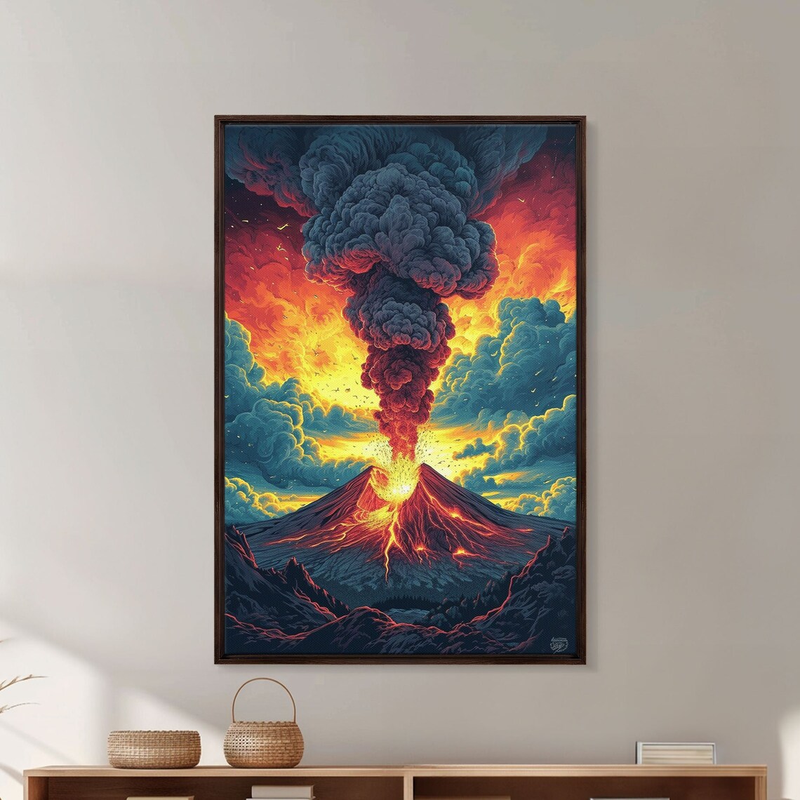 Erupting Volcano Lava Smoke Column Dramatic Sunset Painting Print - Image 5