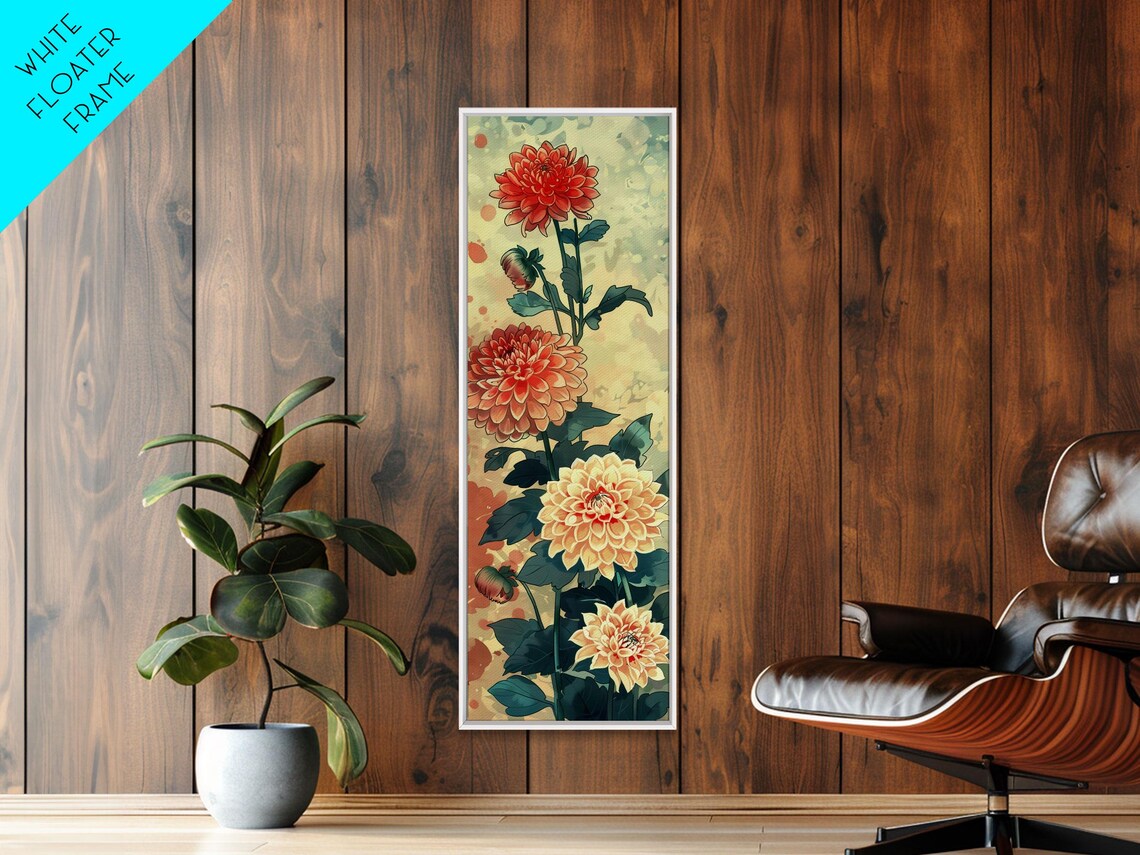Vibrant Dahlia Flowers Red Orange Cream Tall Japanese Art Poster