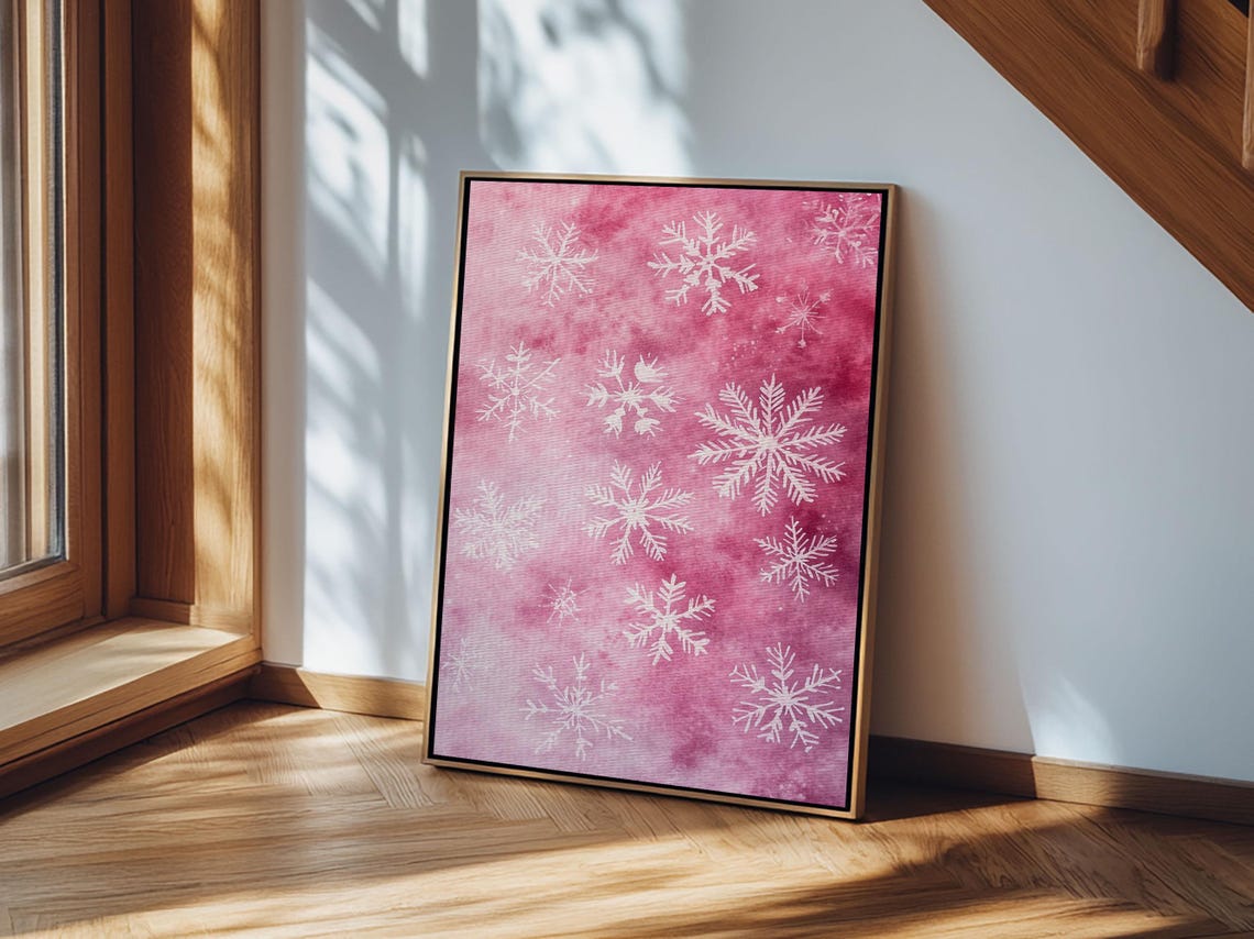 Pink Snowflake Pattern White Winter Christmas Cozy Holiday Wall Art - Image 3