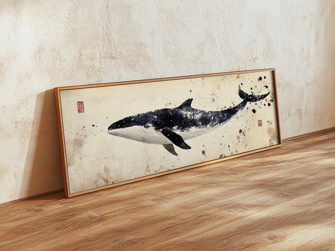 Japanese Ink Whale Watercolor Panoramic Minimalist Ocean Wall Poster - Image 6