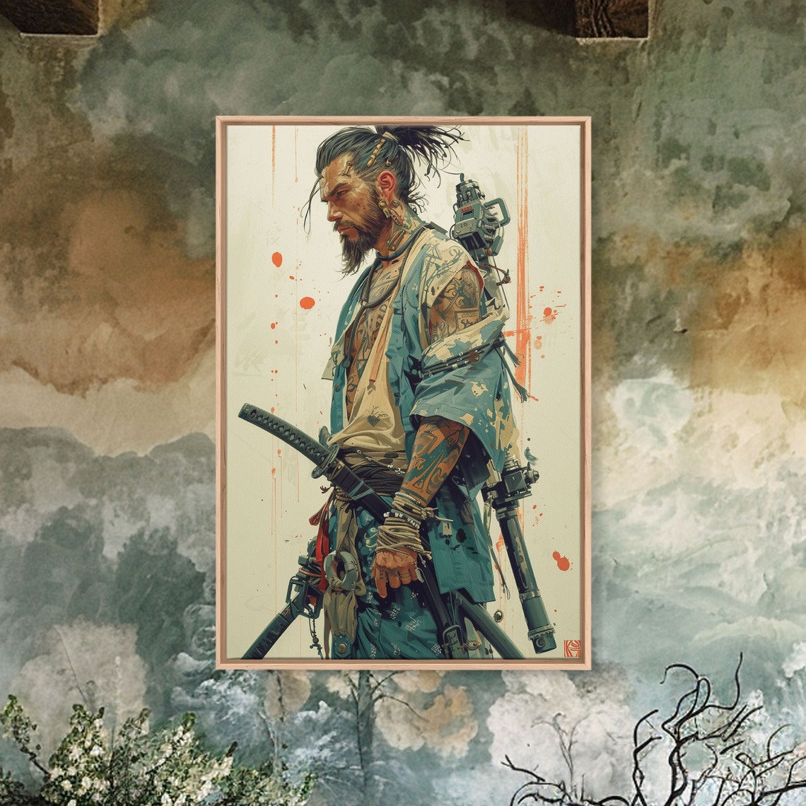 Tattooed Samurai Warrior Katana Ink Splash Japanese Art Print - Image 5