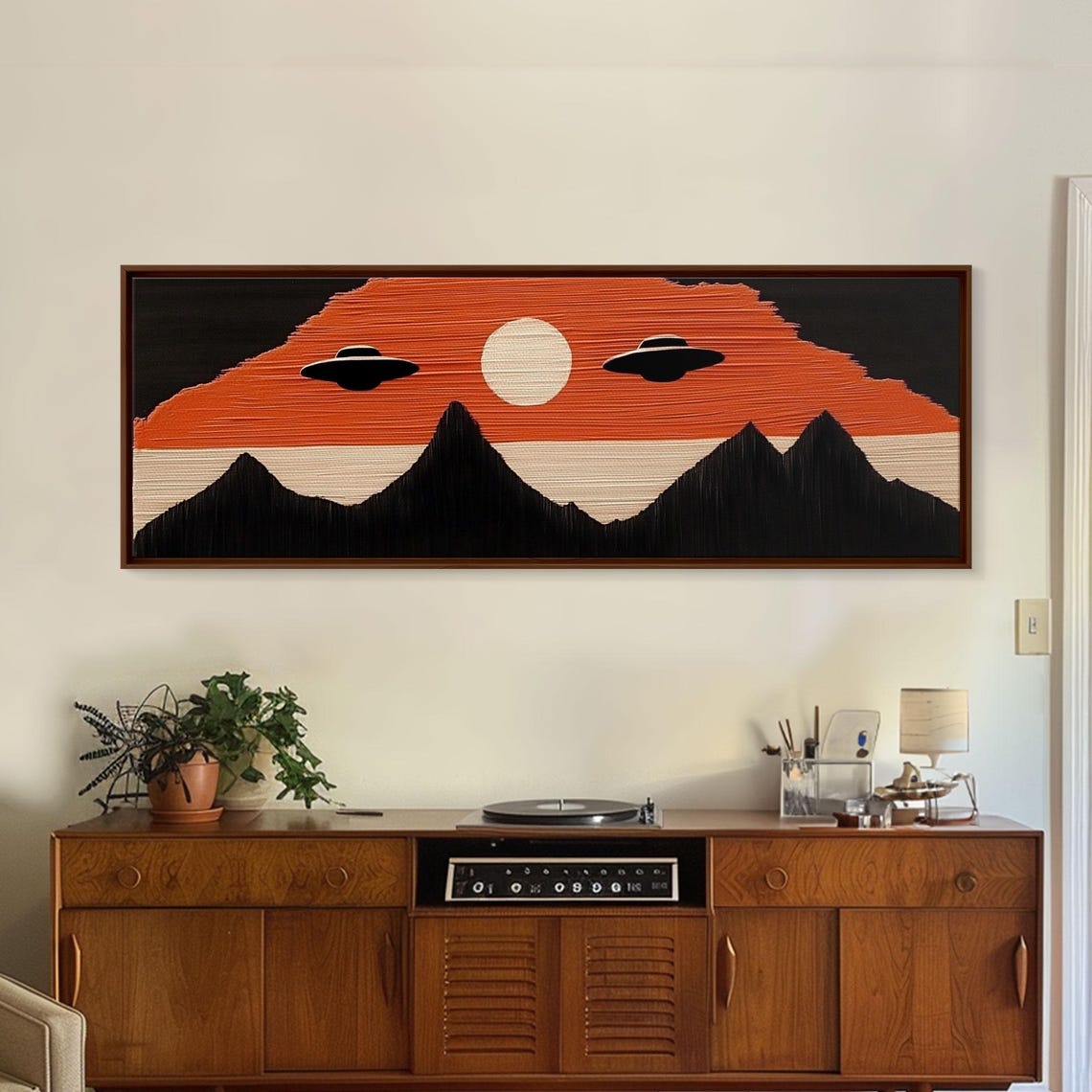 Retro UFO Flying Saucers Over Mountains Sci Fi Panoramic Art Print - Image 6