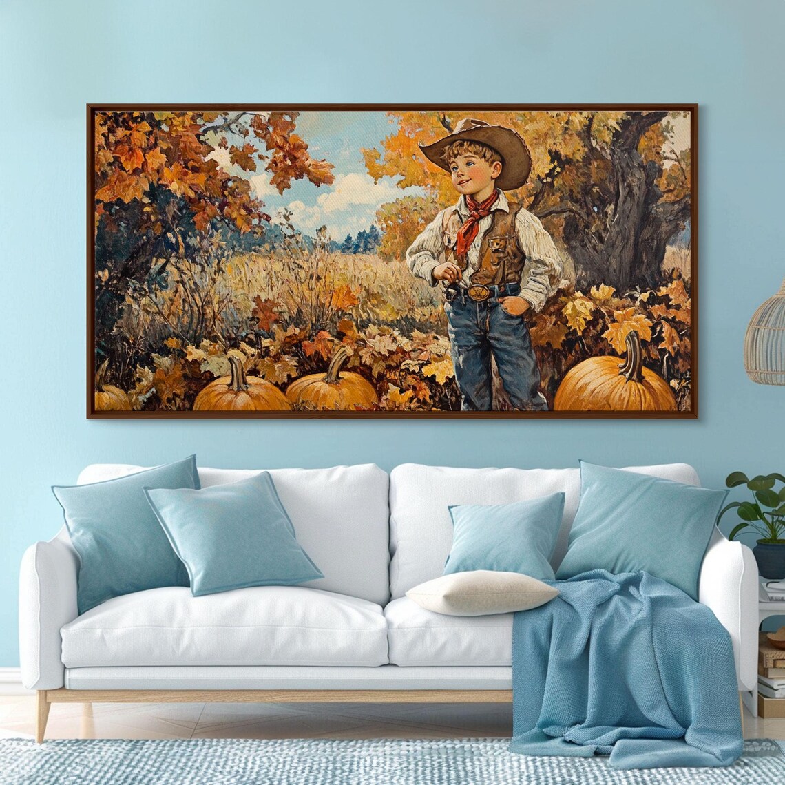 Vintage Little Cowboy With Red Bandana Among Pumpkins Fall Retro Poster - Image 2