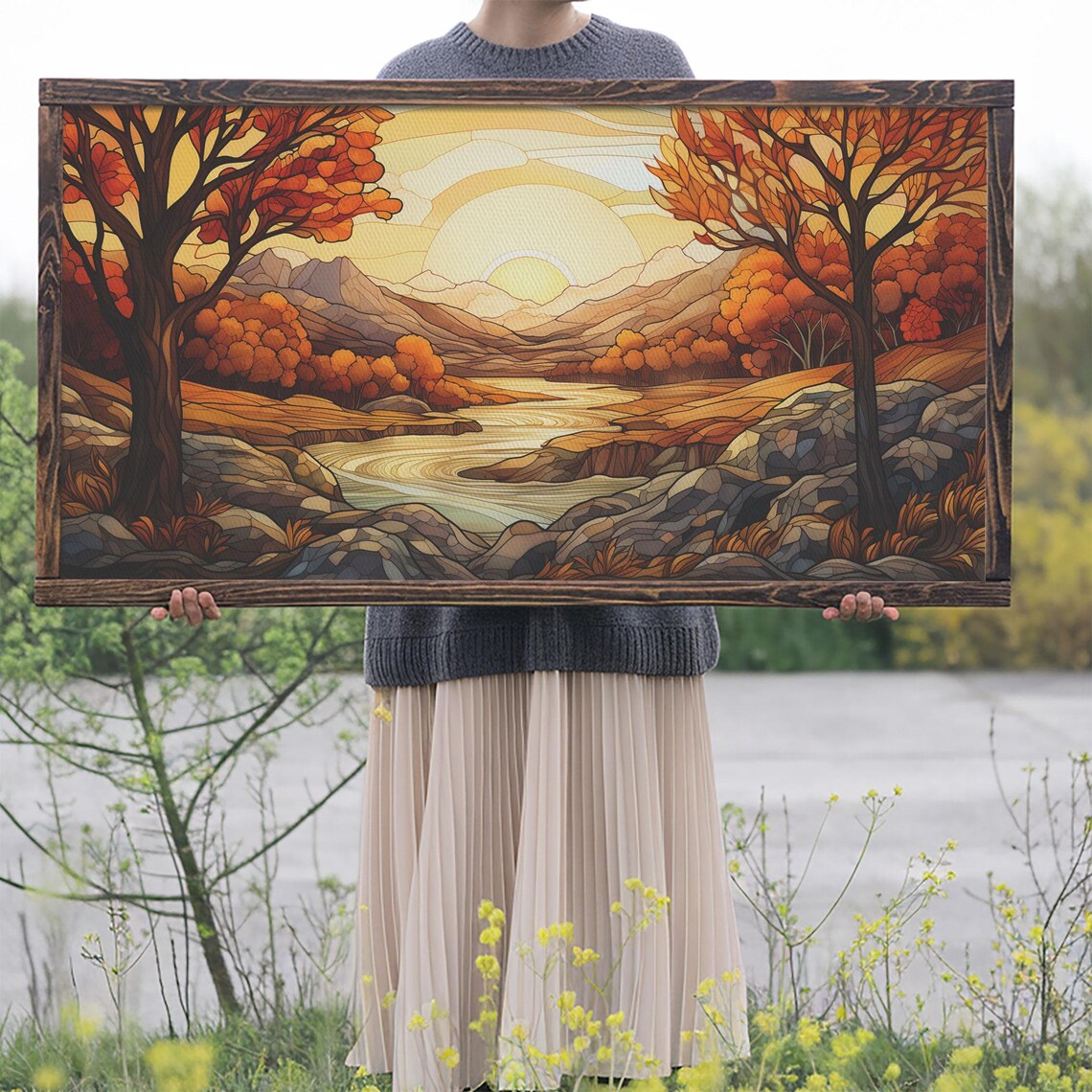 Stained Glass Autumn Sunrise Mountain River Landscape Art Poster - Image 2