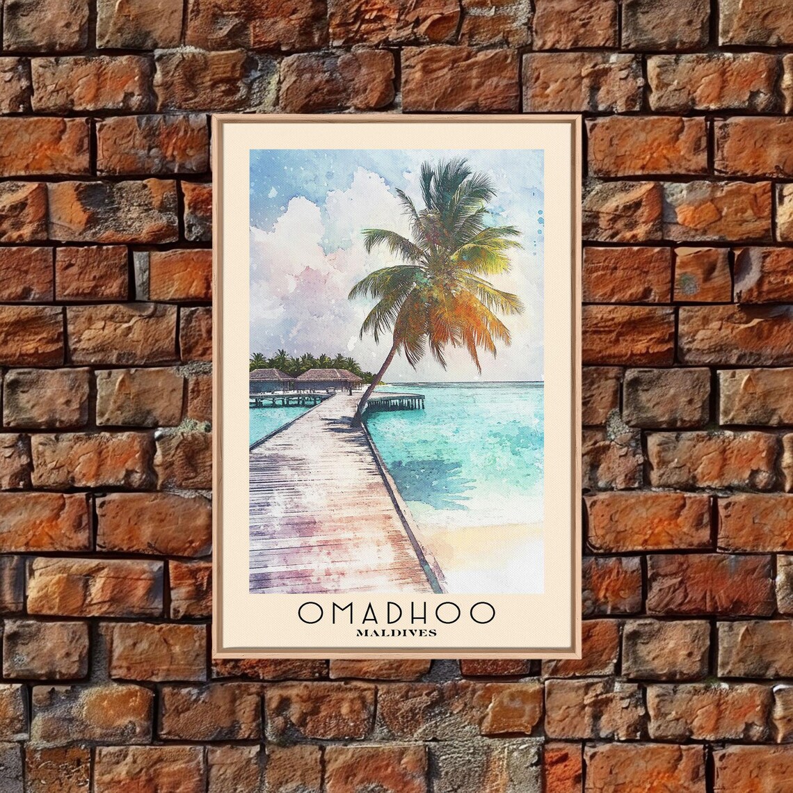 Omadhoo Maldives Leaning Palm Pier Turquoise Lagoon Watercolor Poster - Image 4