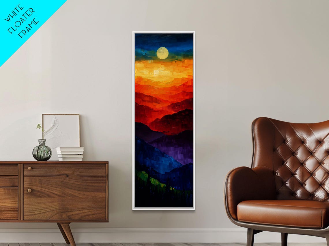 Colorful Layered Mountain Ridges Under Glowing Moon Night Art Poster - Image 5