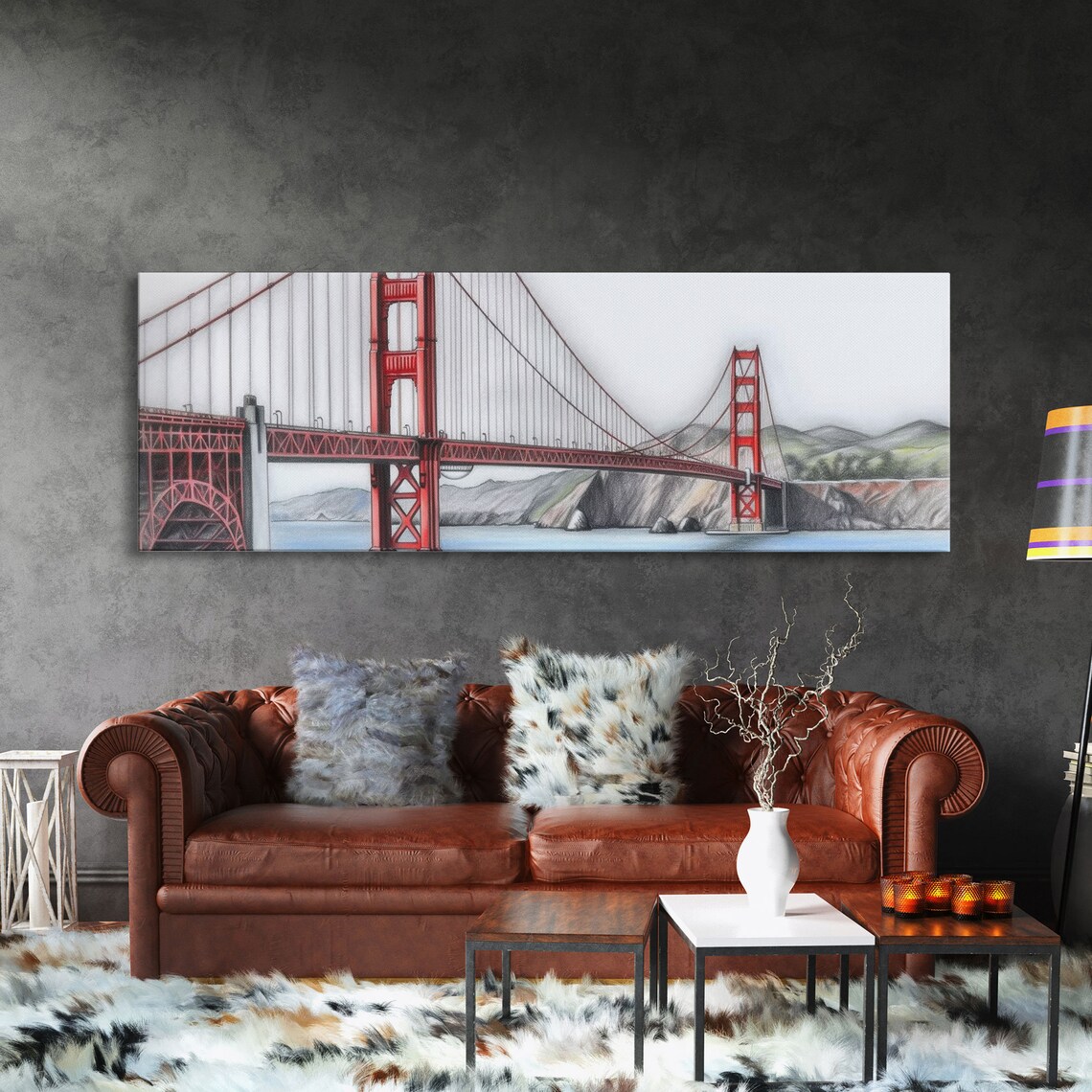 The Golden Gate Bridge Print Colored Pencil Sketch Art Mountain Landscape River Lake Panoramic Wall Art Print - Image 3