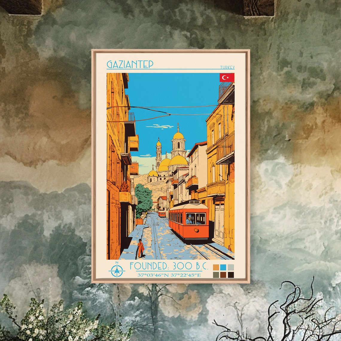Gaziantep Turkey Narrow Street Red Tram Golden Domes View Poster - Image 2