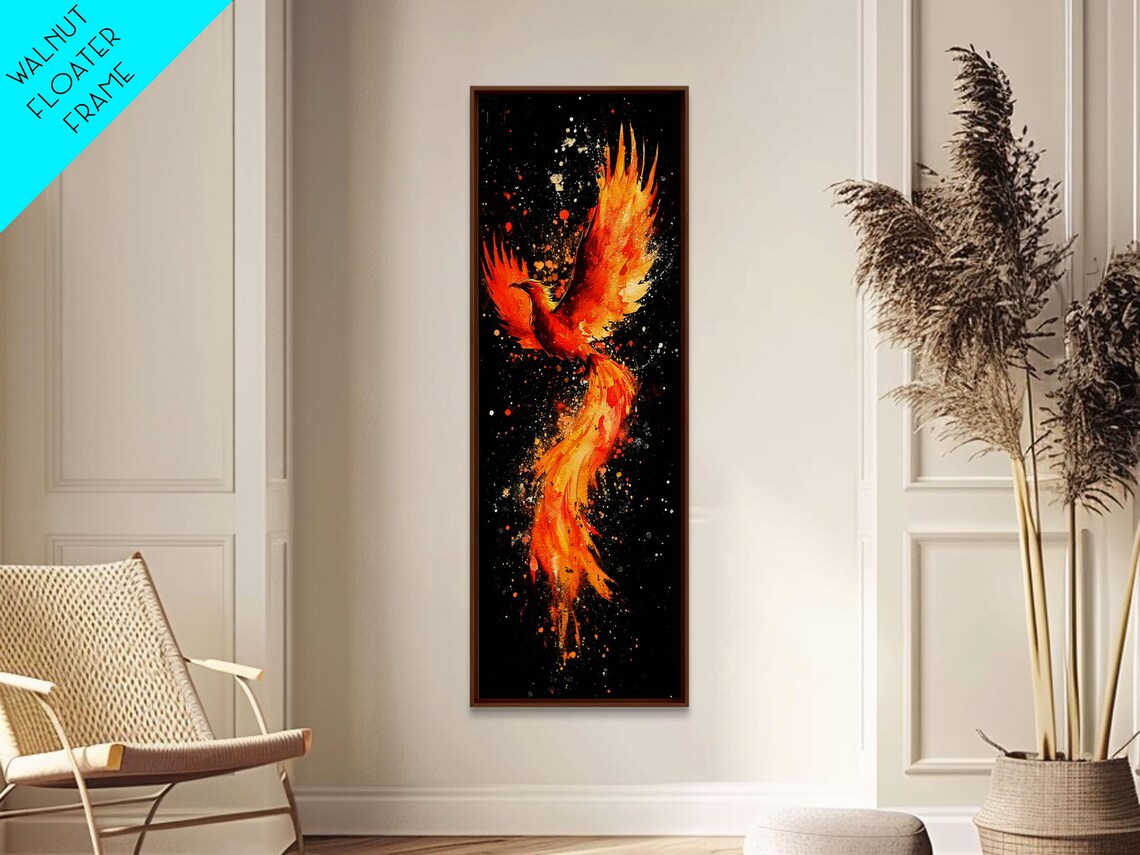 Fiery Phoenix Rising on Black Mythical Bird Watercolor Wall Art - Image 4