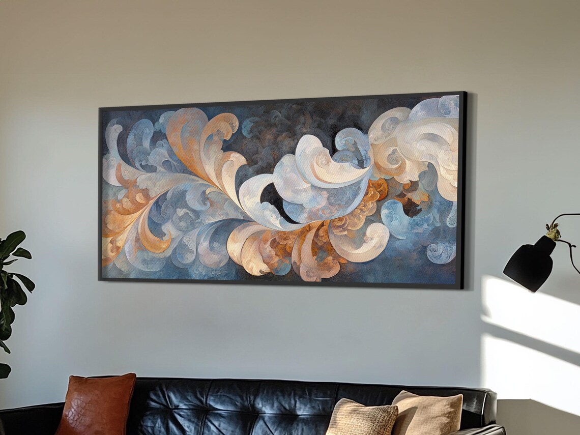 Blue Orange Swirling Clouds Abstract Modern Living Room Wall Art - Image 2