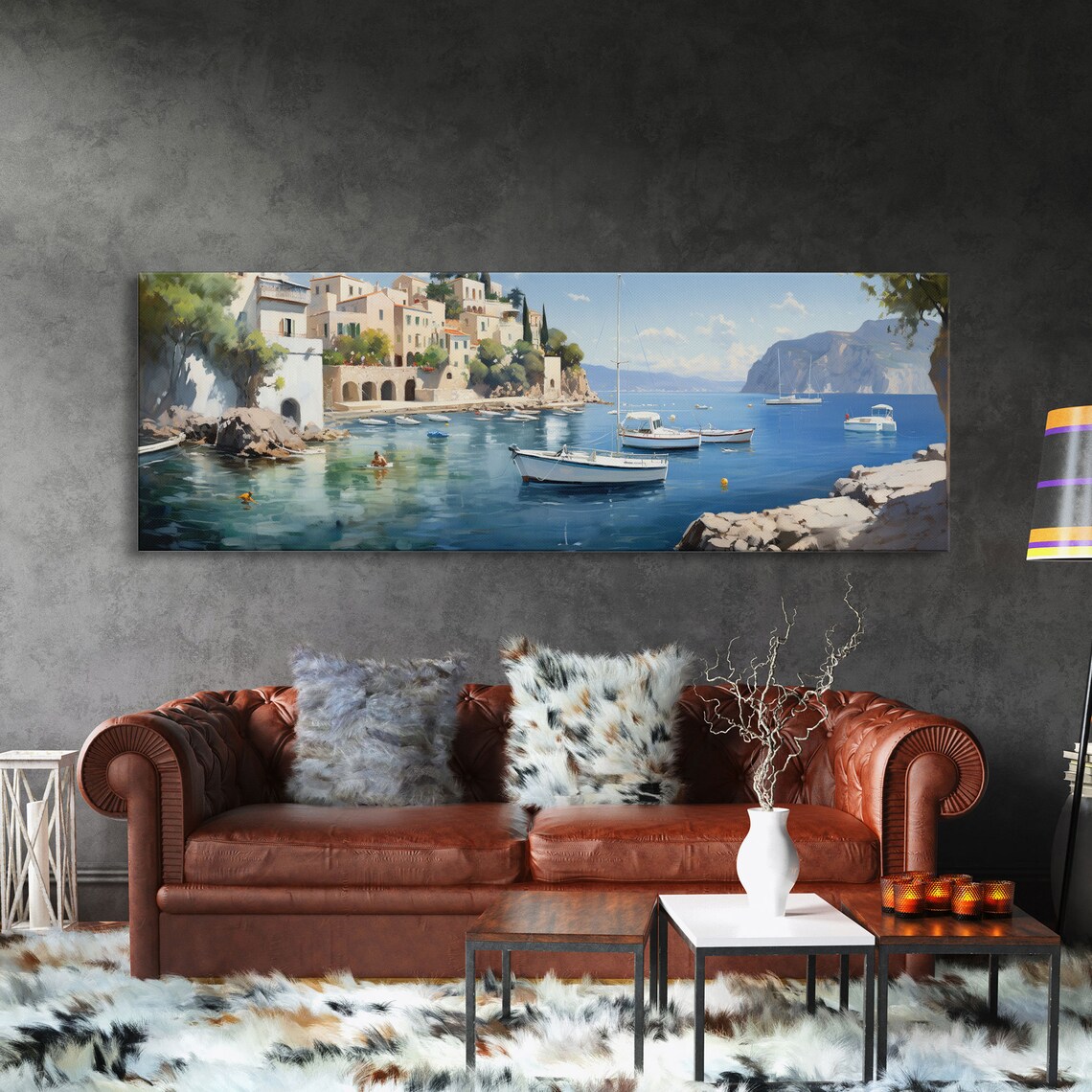 Italian Coast Harbor Painting Colorful Fishing Village Boats Mediterranean Sea Poster - Image 3