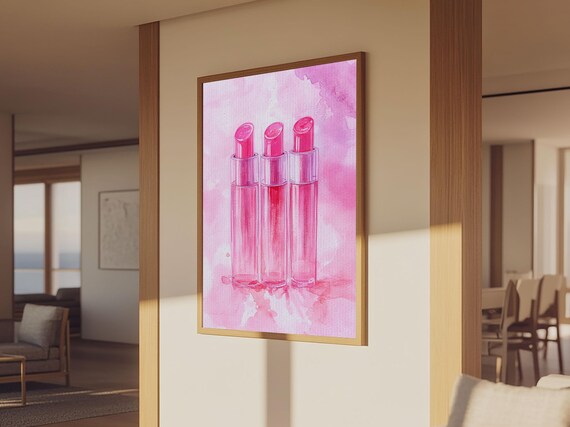Pink Lipstick Trio Watercolor Glam Beauty Makeup Feminine Wall Art