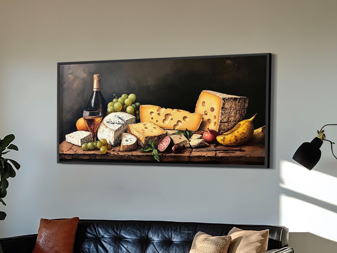 Cheese Wine Grapes And Salami Classic Still Life Painting Kitchen Print - Image 4