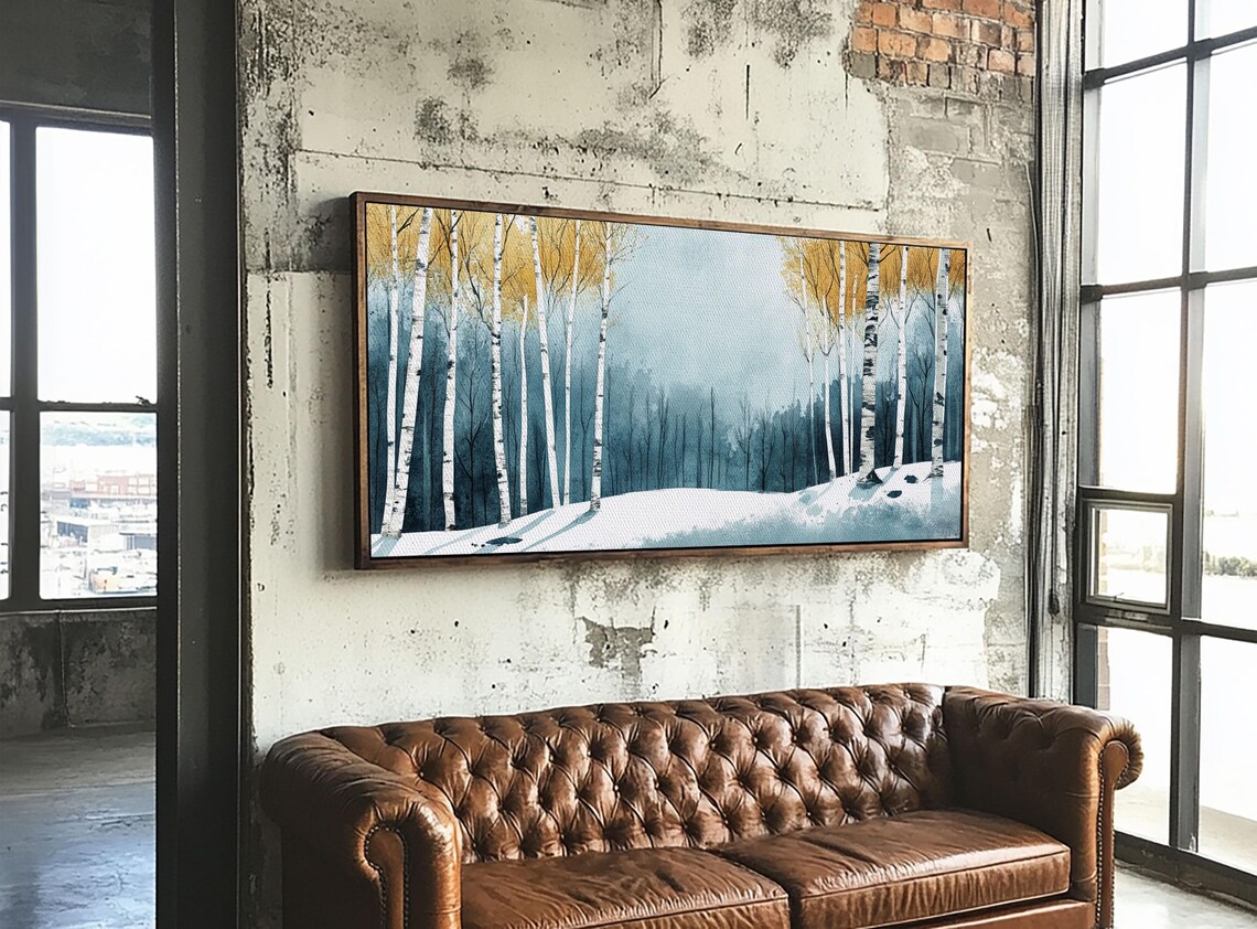 Birch Trees In Snow Winter Forest Blue Gray Watercolor Painting Print