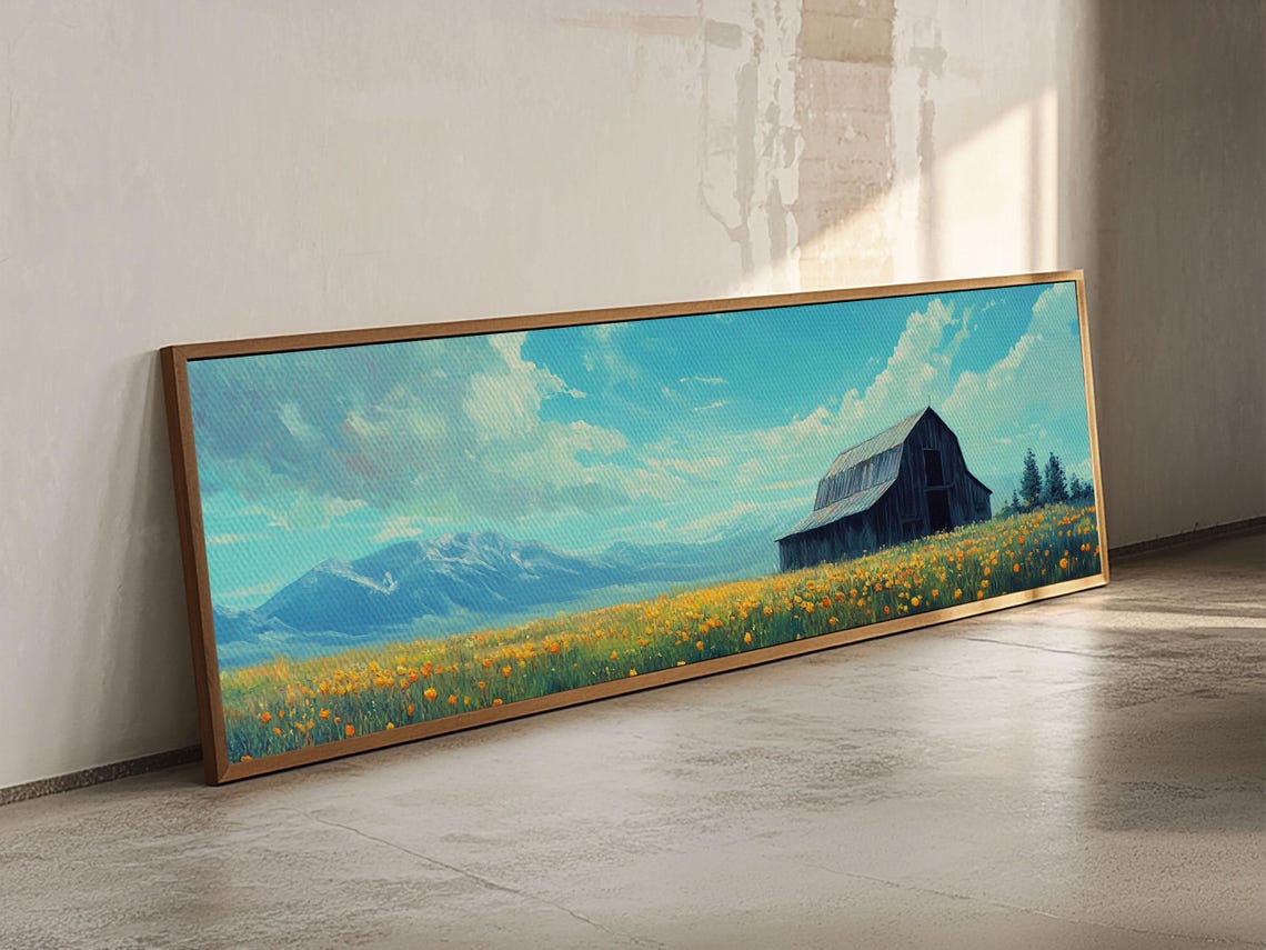 Dark Barn Yellow Wildflower Field Mountain View Panoramic Art Poster - Image 6