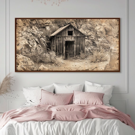 Old Wooden Shack In Rocky Terrain Farmhouse Style Framed Print For Bedroom Art Historical Home Decoration Rustic Wall Art Piece
