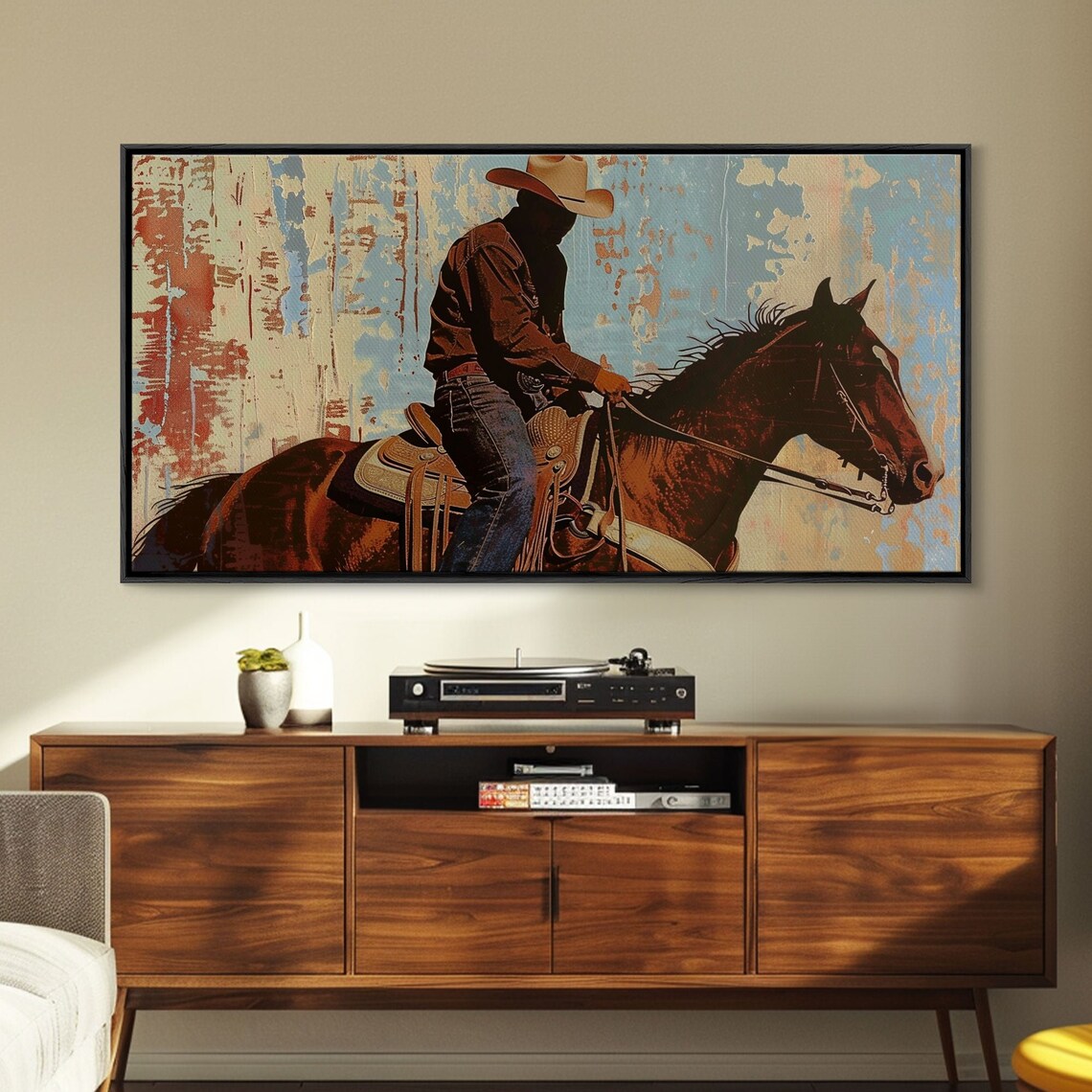 Silhouetted Cowboy On Horseback Abstract Rustic Western Art Poster - Image 5