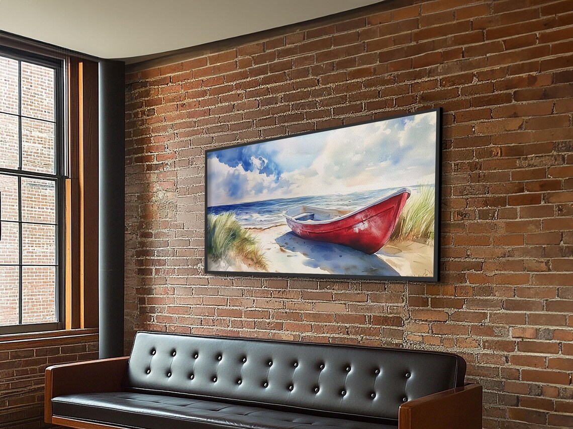 Red Canoe On Sandy Beach Panoramic Painting Ocean Waves Coastal Scene Poster - Image 5
